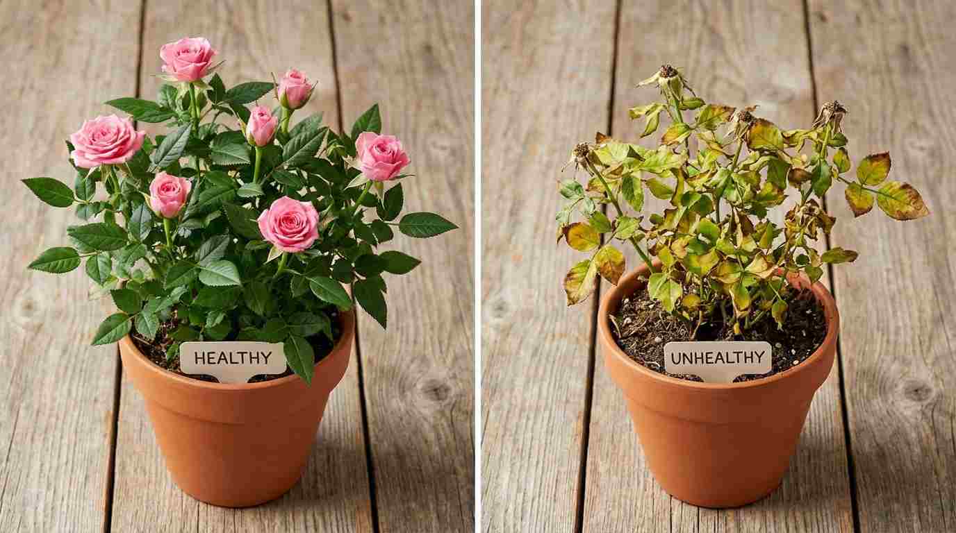 Healthy vs unhealthy rose plant