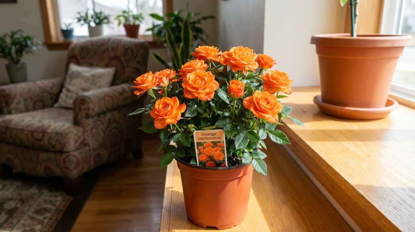 Orange Meillandina rose indoor plant