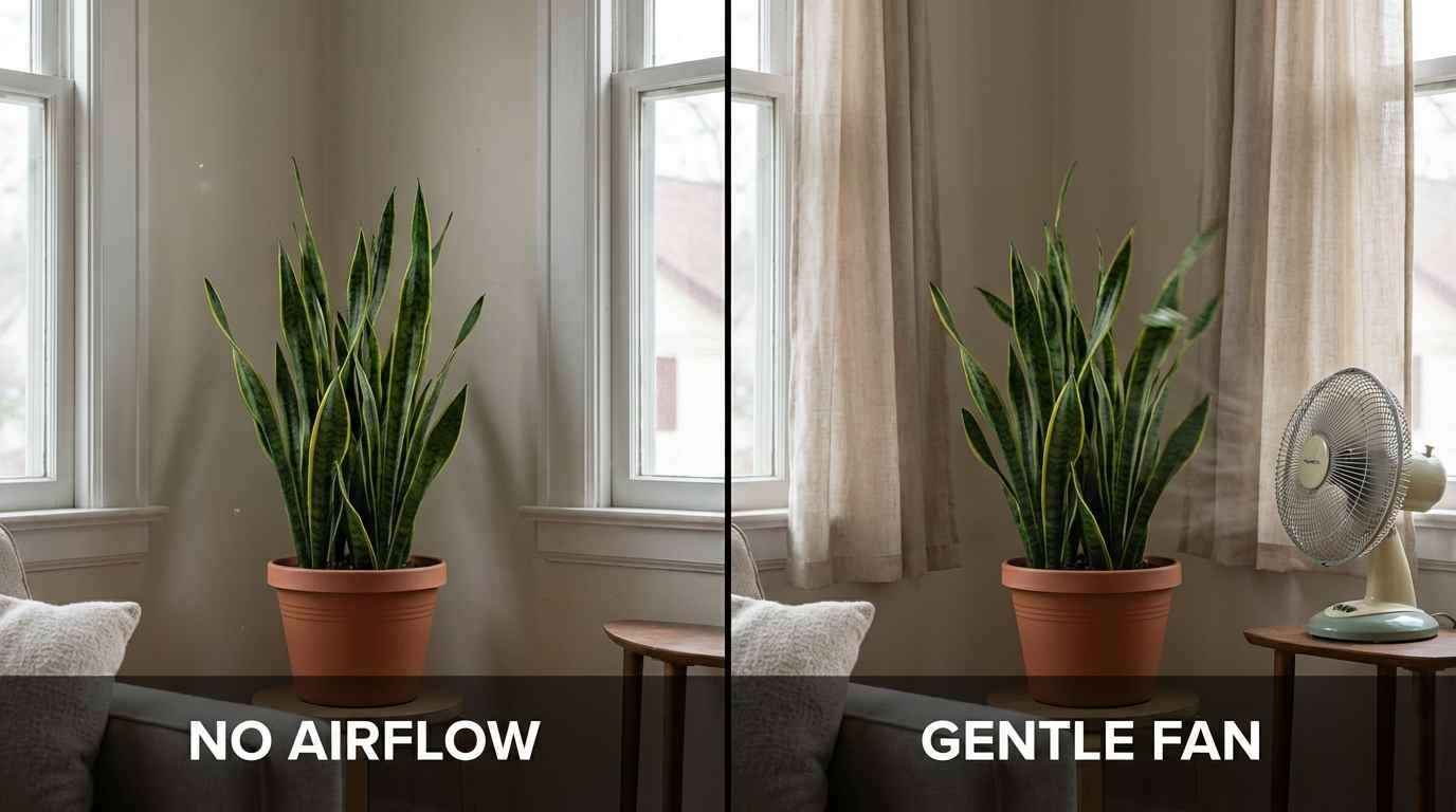 Snake plant in poor vs gentle air flow