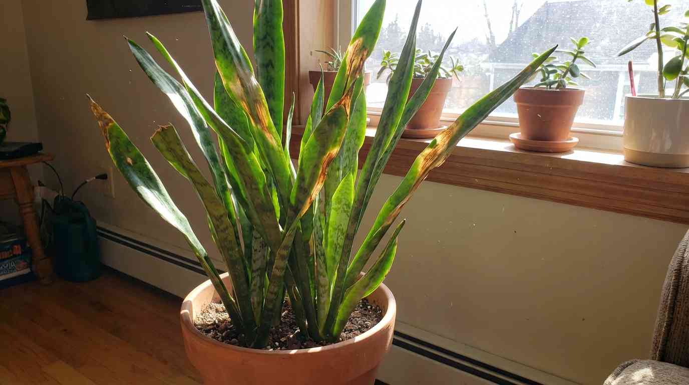 Snake plant in too much direct sun light