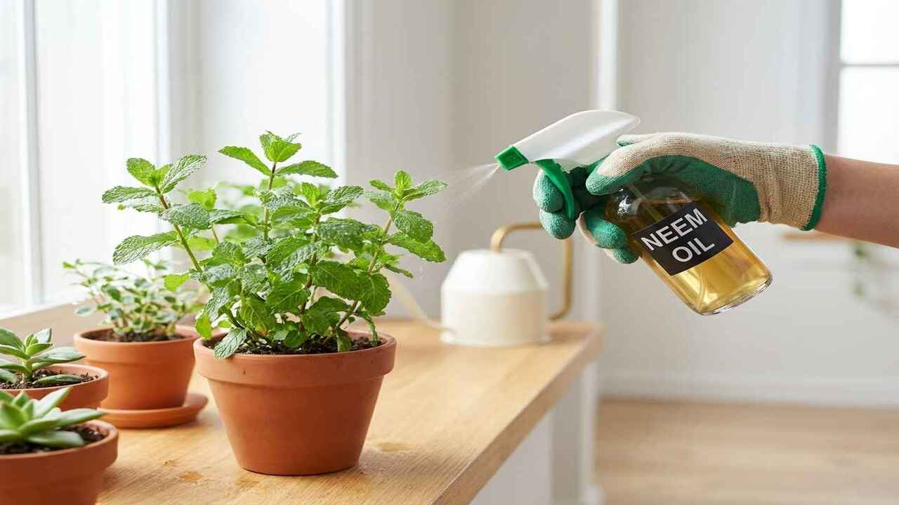 Spraying neem oil on mint plant