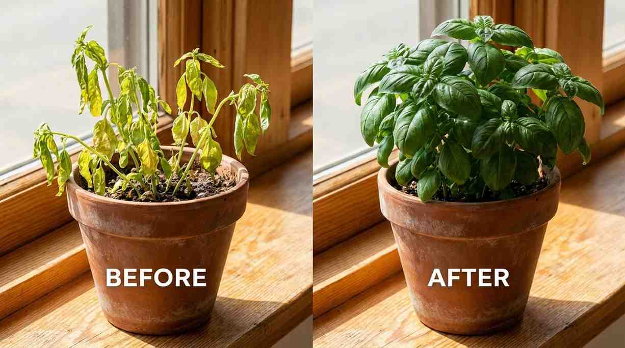 basil plant Before vs After Recovery