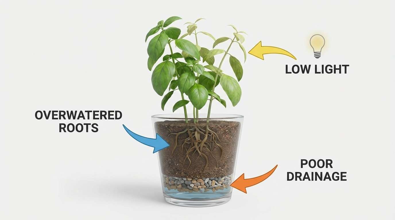 basil plant problems including overwatering roots, low light, poor drainage