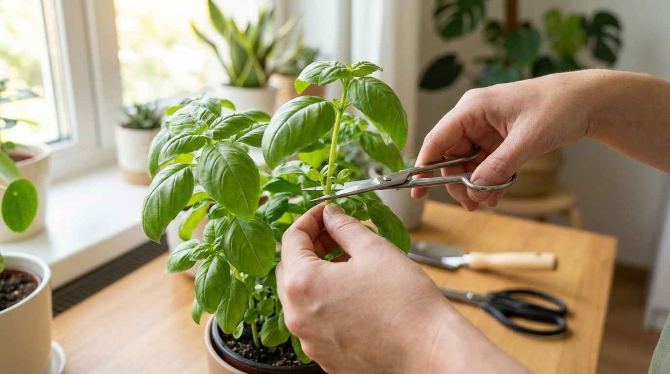 pruning basil plant above leaf