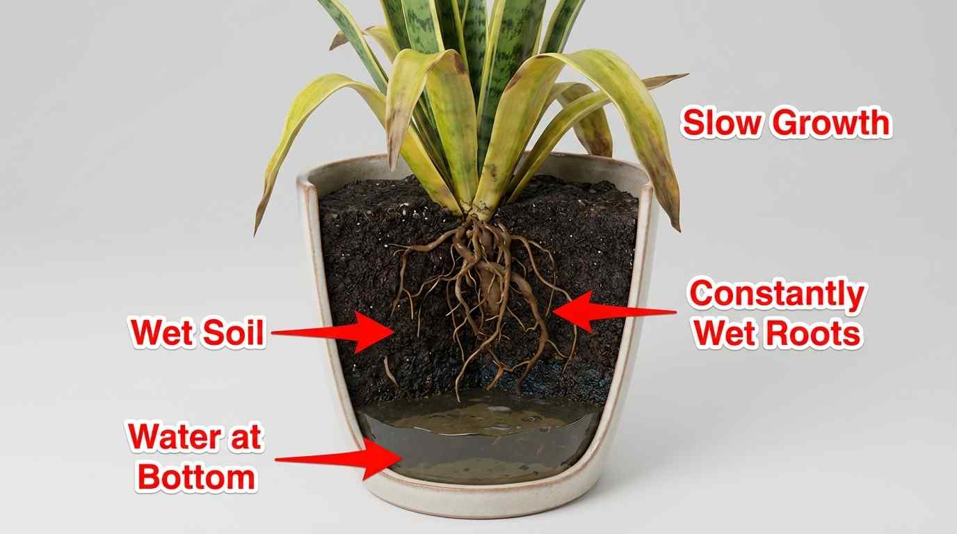 snake plant poor drainage signs showing water collecting at bottom and soggy soil