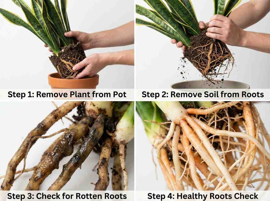 how to check snake plant root rot step by step collage guide