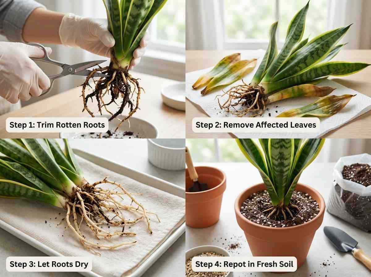 how to fix snake plant root rot step by step guide collage