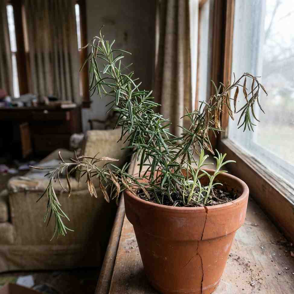 rosemary plant struggling indoors with some green leaves and partial drying