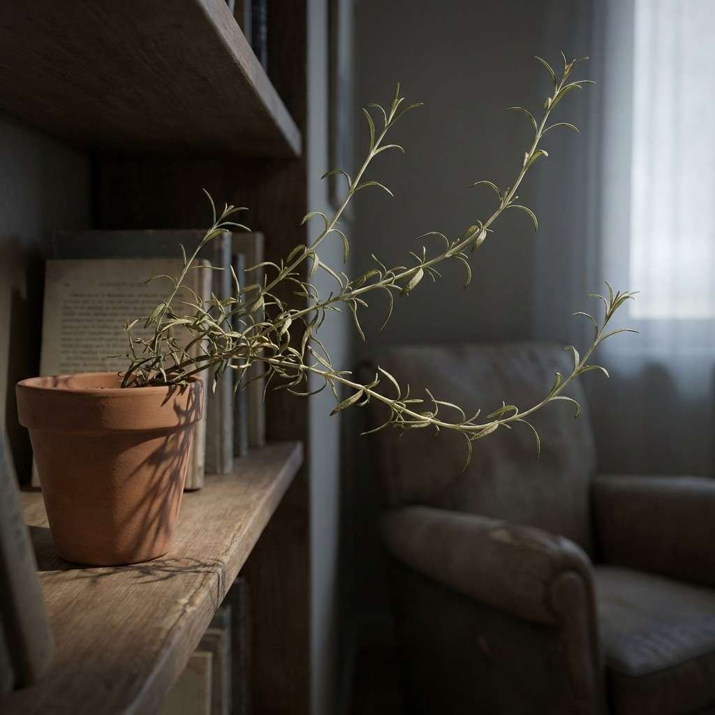 rosemary plant not getting enough light with thin stretched pale leaves indoors