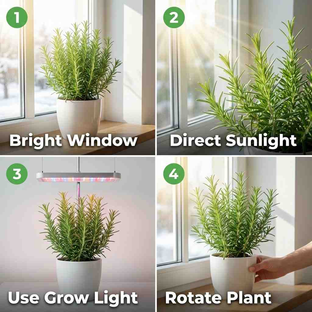 how to fix rosemary plant light issues with sunlight grow light and rotation