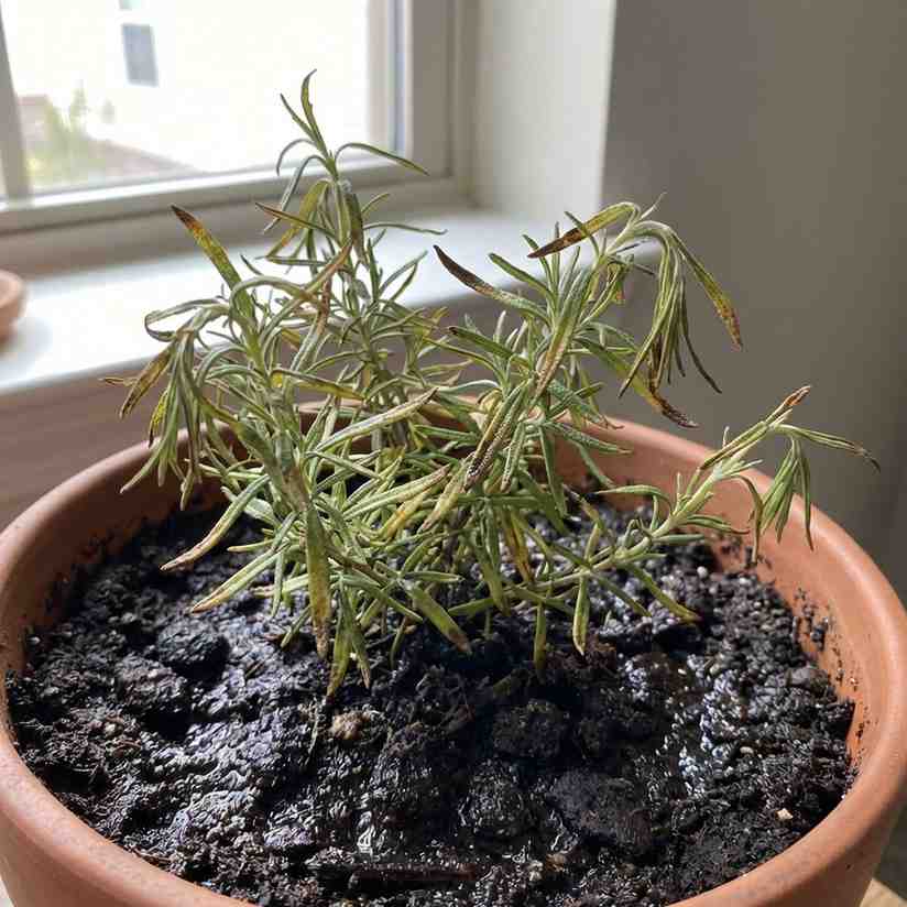 overwatered rosemary plant with soggy soil yellow leaves and weak growth