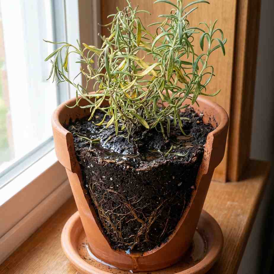rosemary plant poor soil drainage with compact soil and weak growth