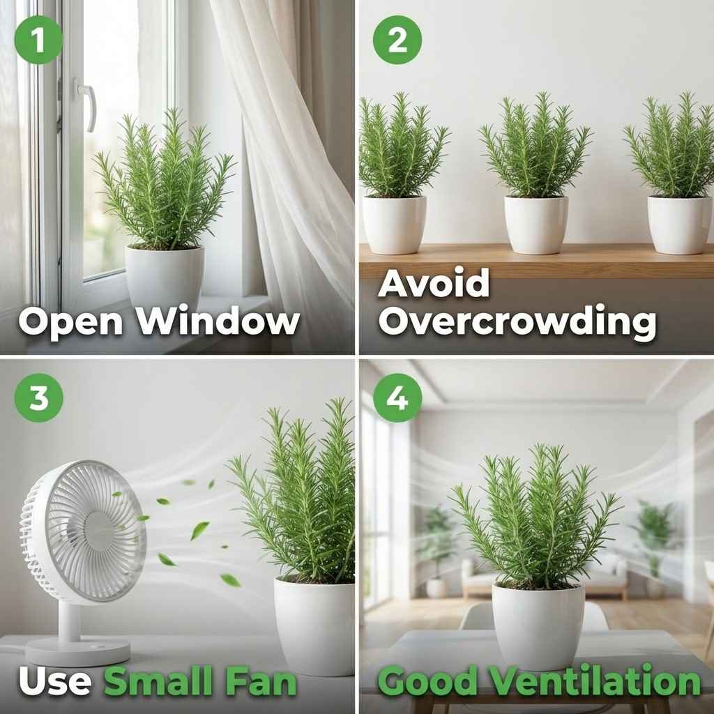 how to improve airflow for rosemary plant with open window fan and proper spacing
