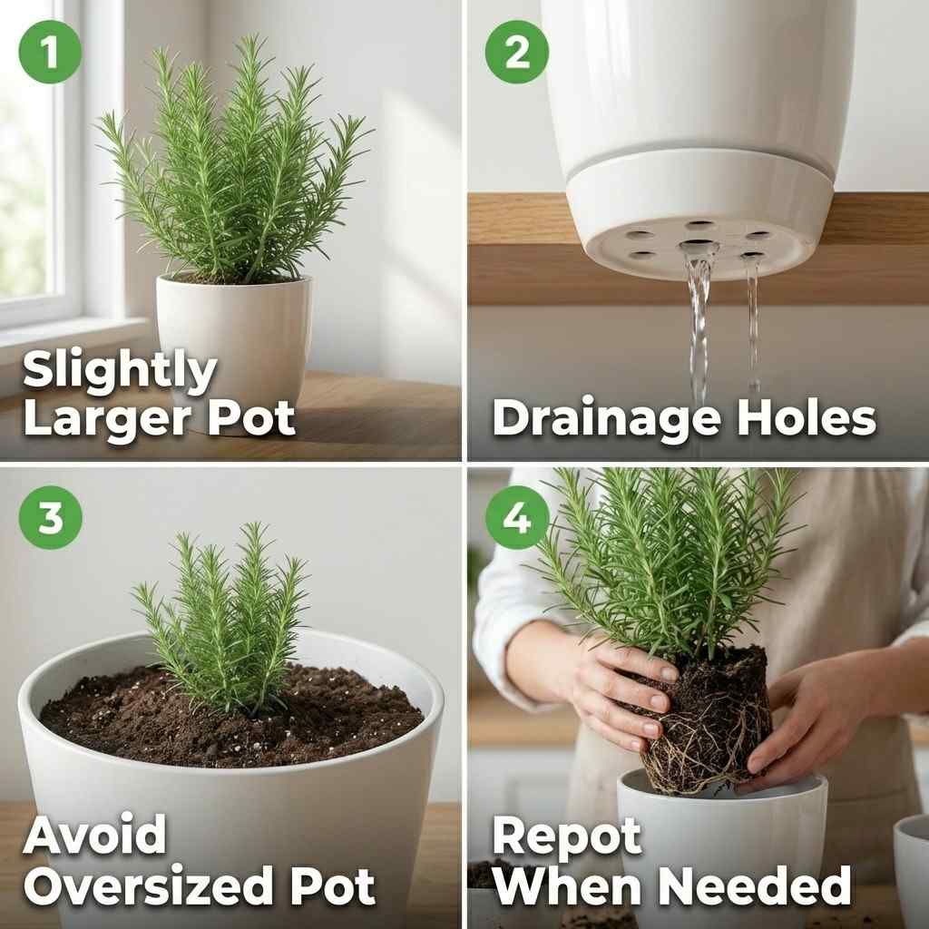 how to choose right pot size for rosemary plant with drainage and proper fit
