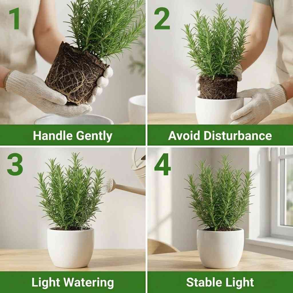 how to reduce transplant shock in rosemary plant with gentle repotting and care