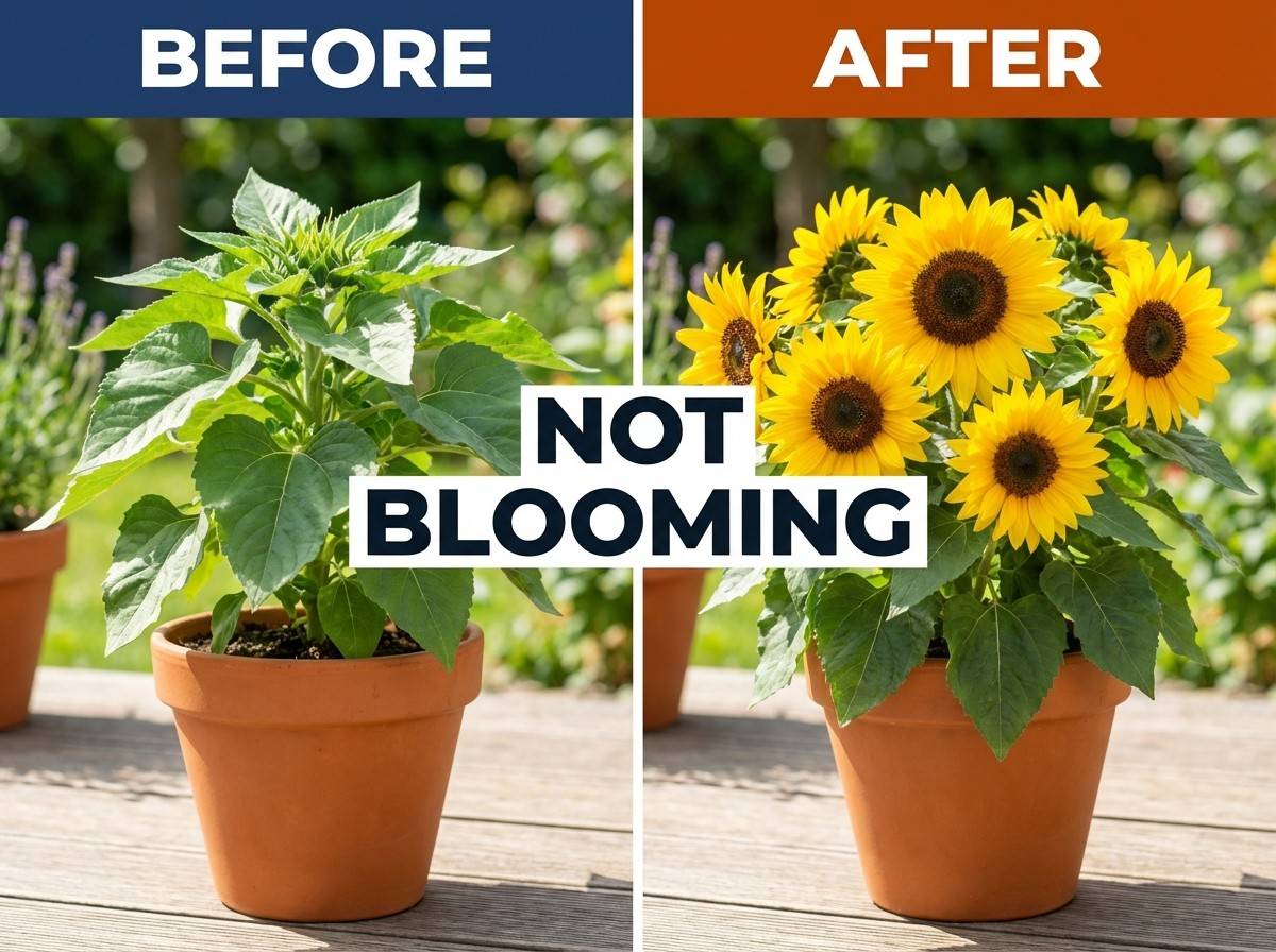 dwarf sunflower not blooming before and after with same pot and blooming flowers