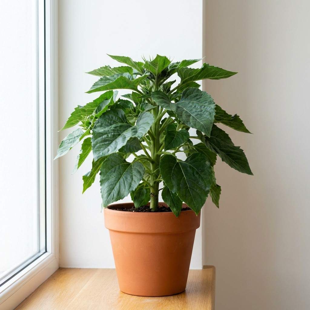 dwarf sunflower with dark green leaves and no buds due to excess nitrogen