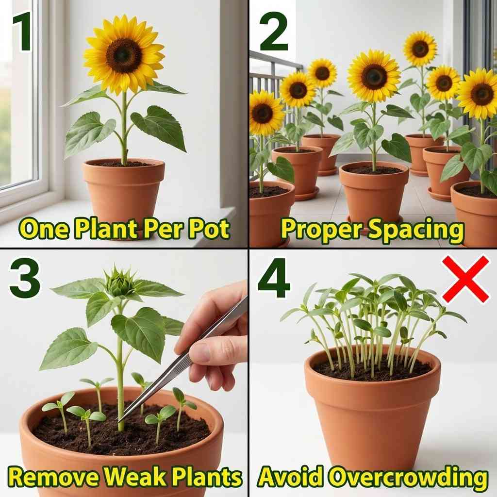 how to fix overcrowding in dwarf sunflower with proper spacing and single plant per pot
