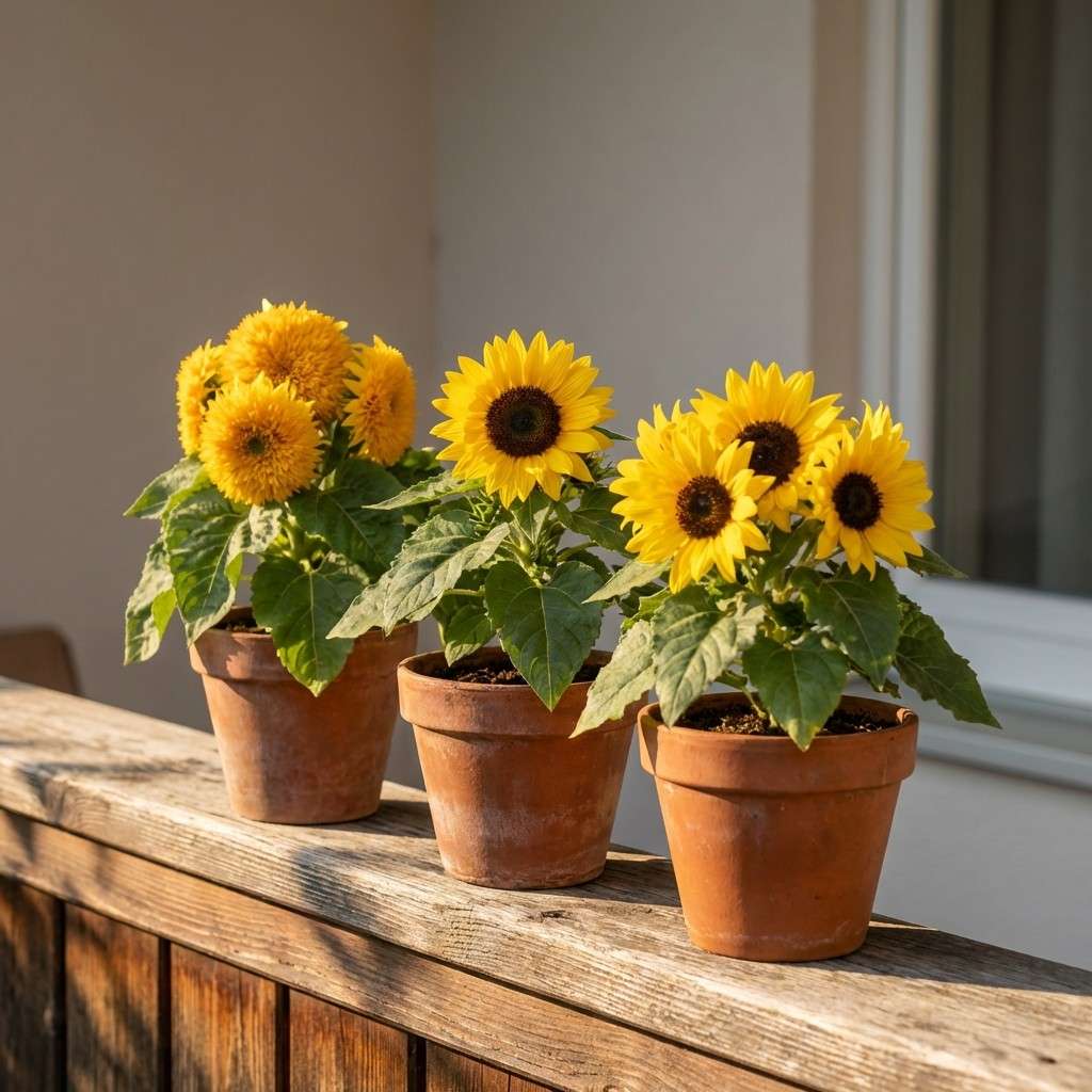dwarf sunflower varieties in pots with bright yellow blooms