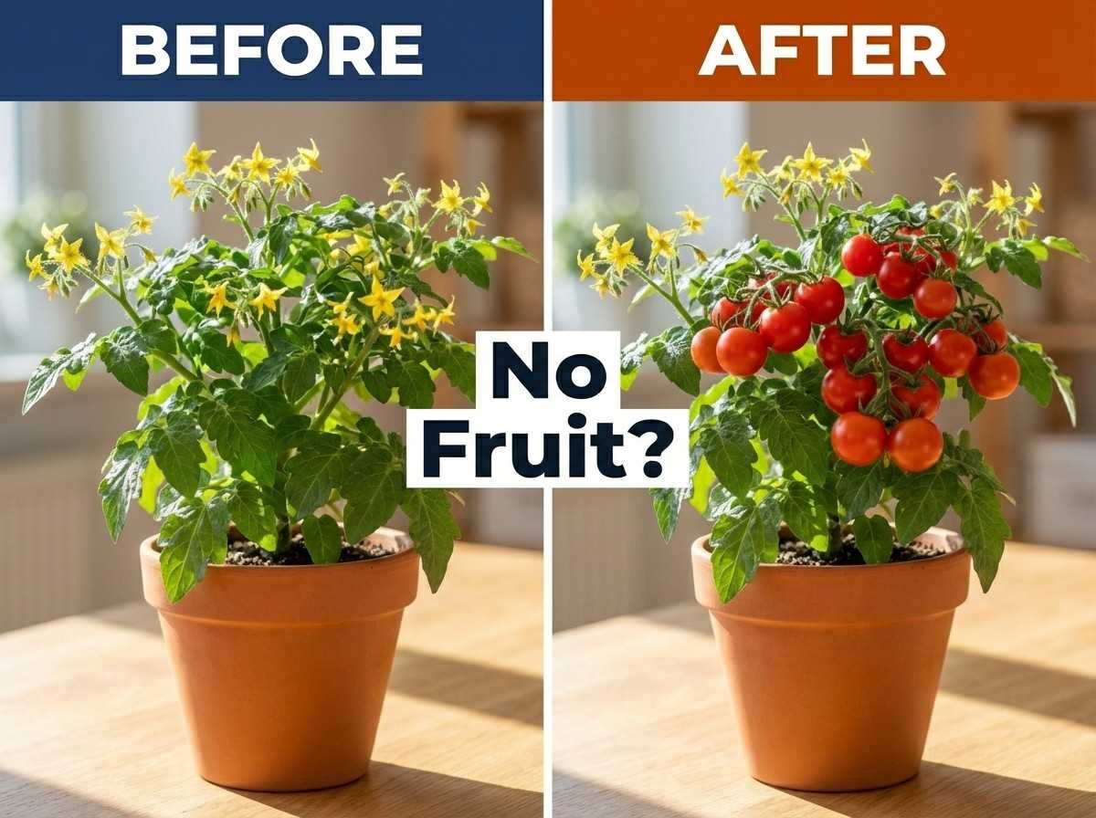 cherry tomatoes in small pots before and after showing flowers but no fruit vs healthy fruiting plant