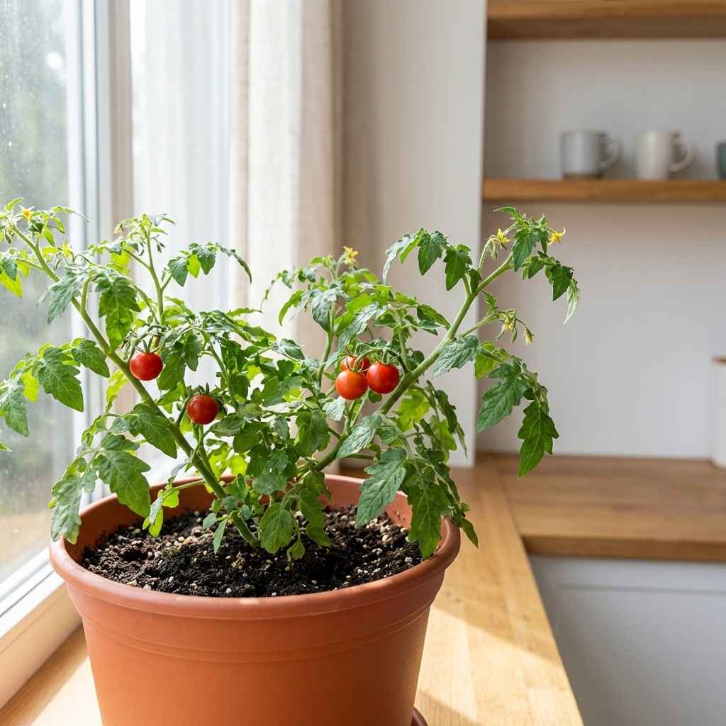 cherry tomatoes growing in small pot indoors with healthy plant and fruits