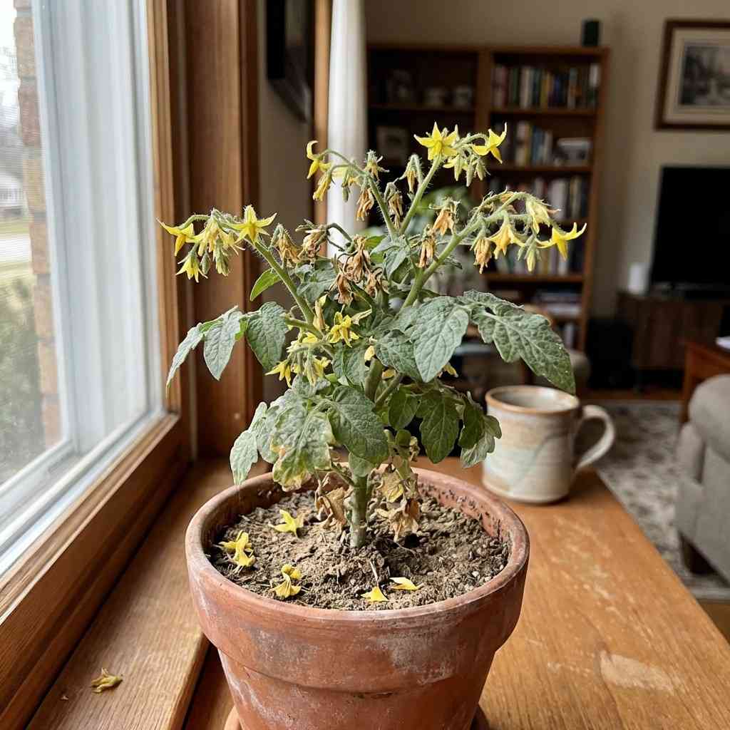 cherry tomato flowers not turning into fruit due to lack of pollination indoors