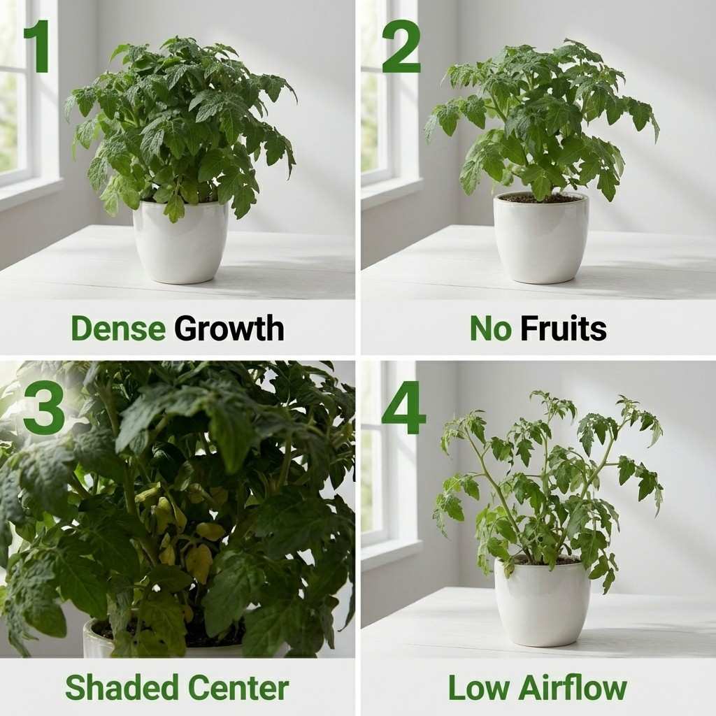 cherry tomato plant with too many leaves causing low fruit and poor airflow