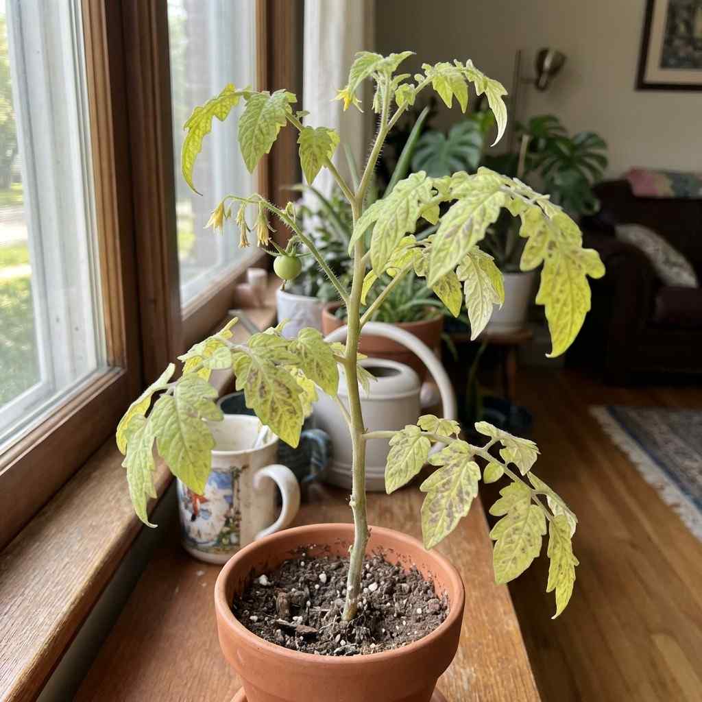 cherry tomato plant with micronutrient deficiency showing weak flowers and poor fruit set