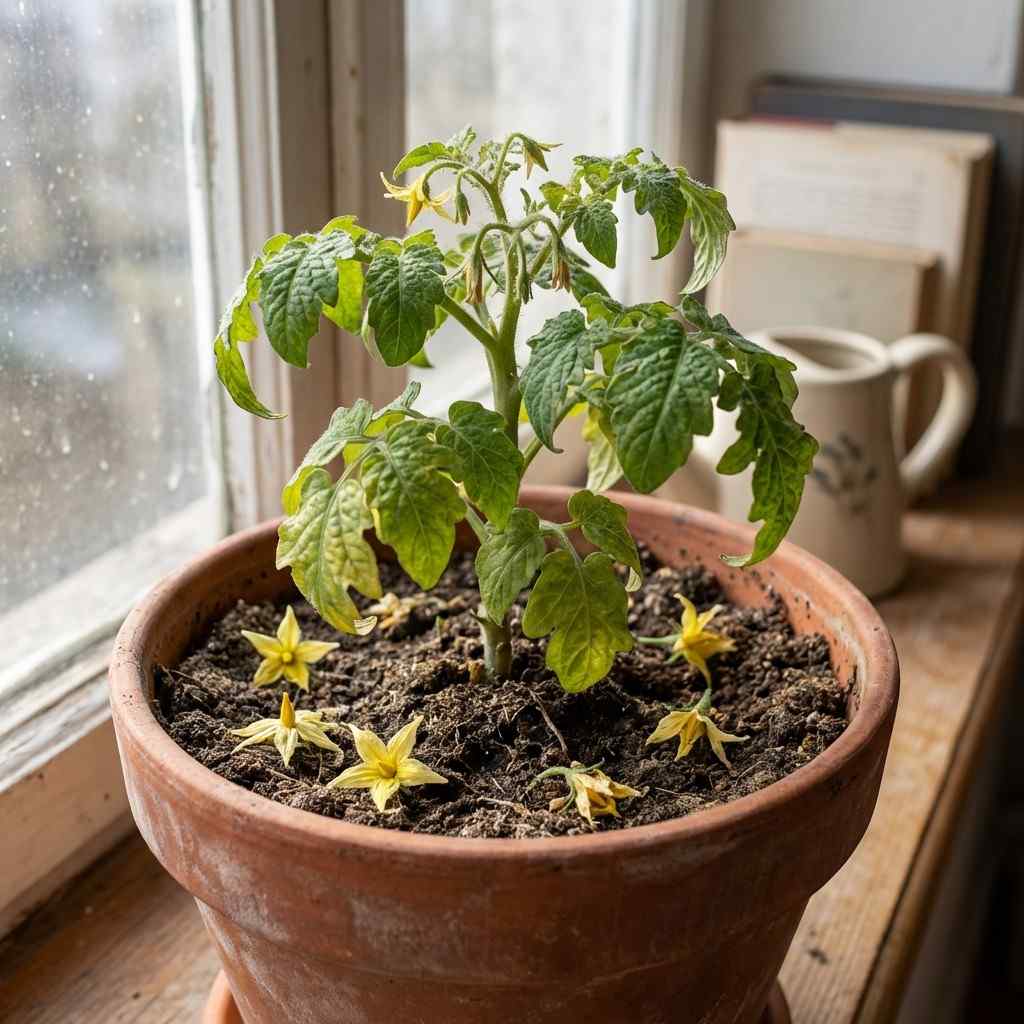 cherry tomato flowers falling off plant due to stress without forming fruit
