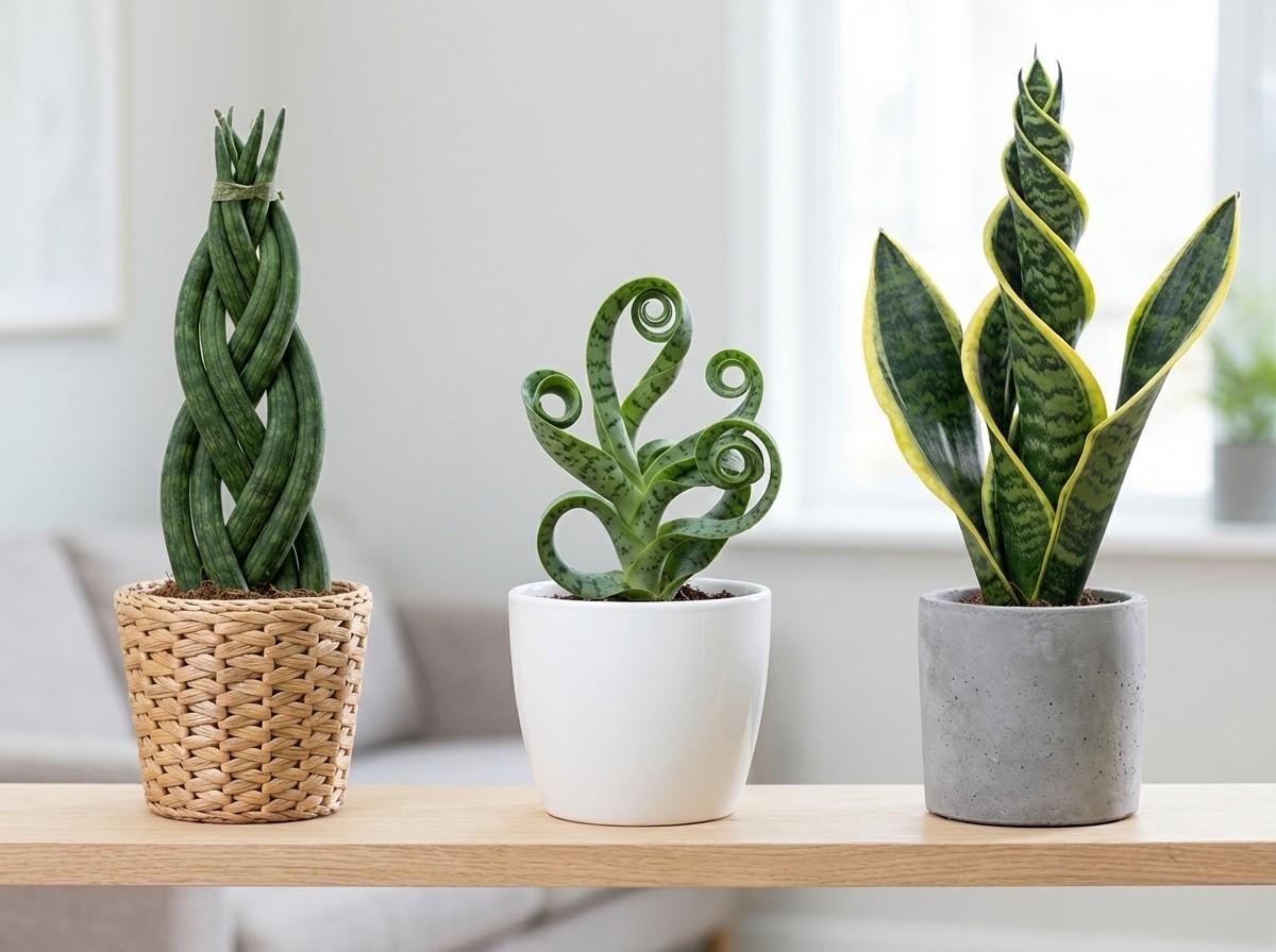 three spiral snake plant varieties shown separately in pots with braided and twisted leaves