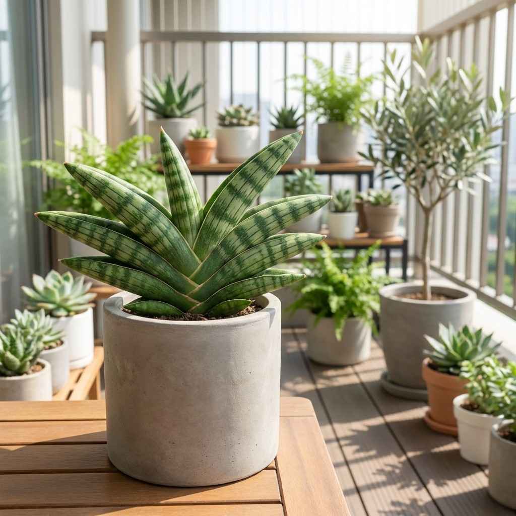 boncel spiral snake plant compact leaves in balcony with other plants