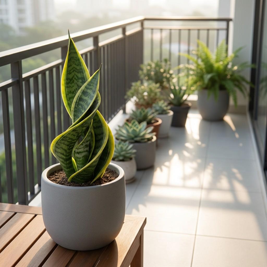 twisted laurentii spiral snake plant with yellow edges in balcony setting