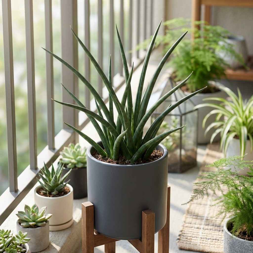 fernwood mikado snake plant with thin curved leaves in balcony with other plants