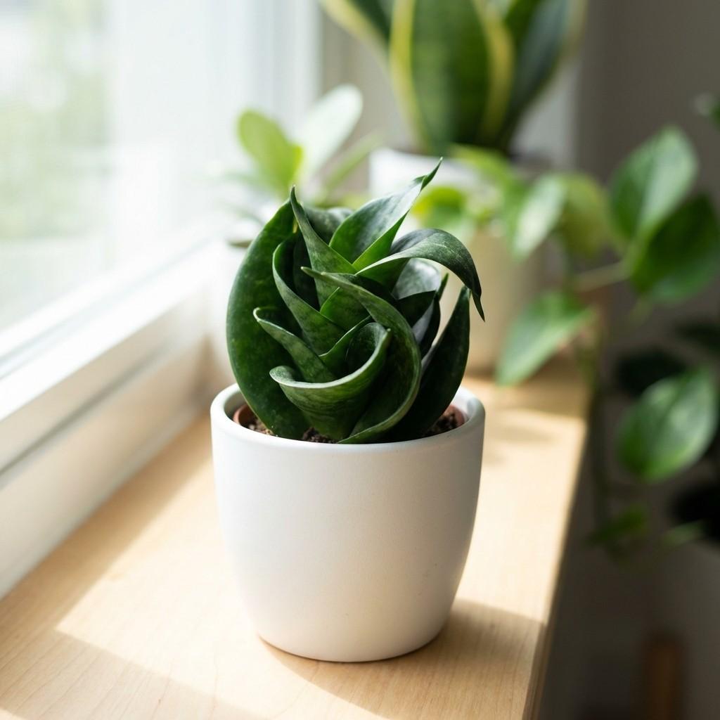 mini spiral snake plant with compact twisted leaves in small pot