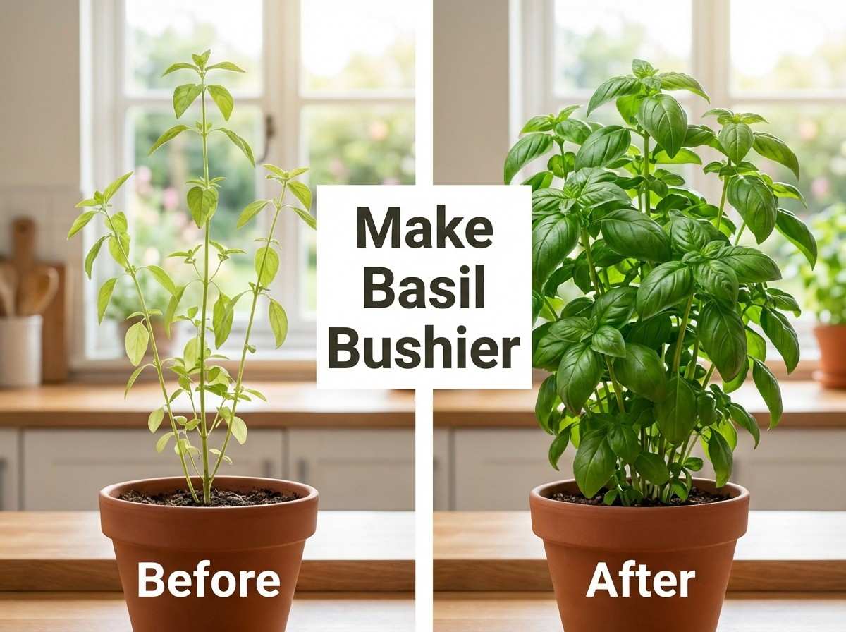 basil plant before and after showing thin vs bushy growth transformation