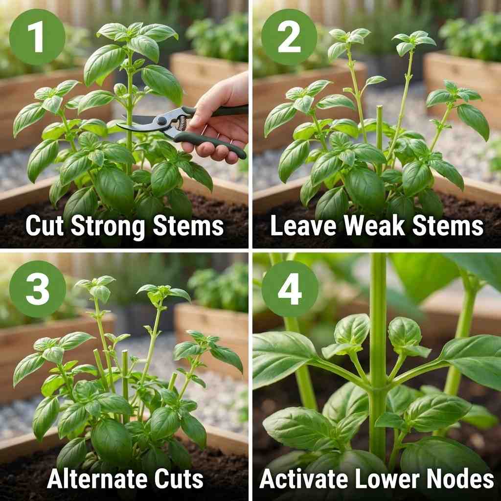advanced pruning strategy for basil to promote bushy growth and lower node activation