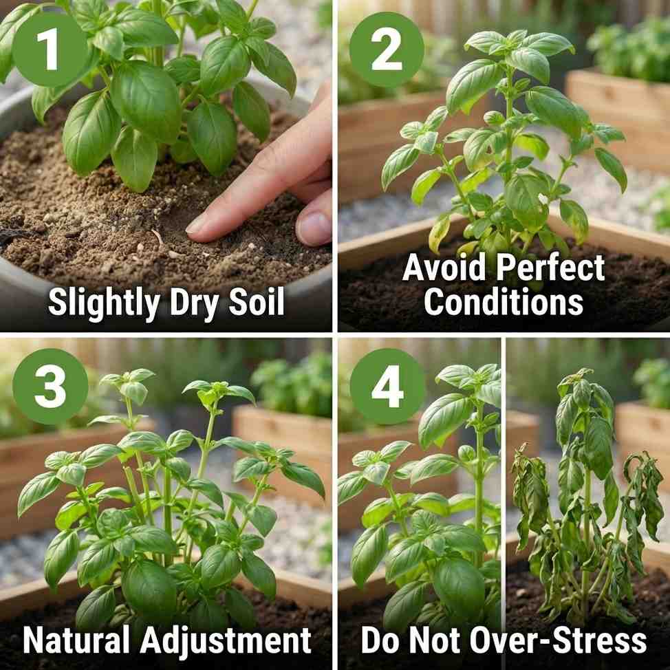 micro stress technique for basil plant with controlled dryness and healthy growth balance