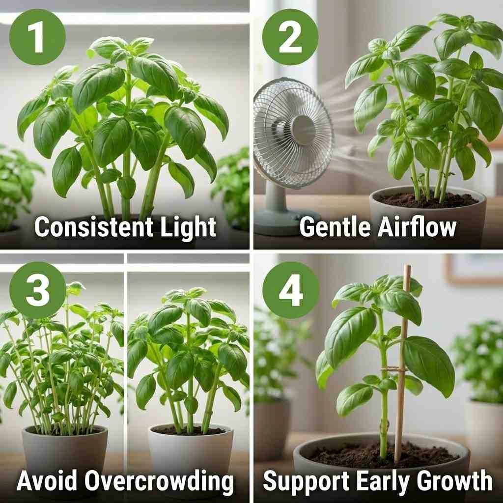 how to improve basil stem thickness with light airflow spacing and early support