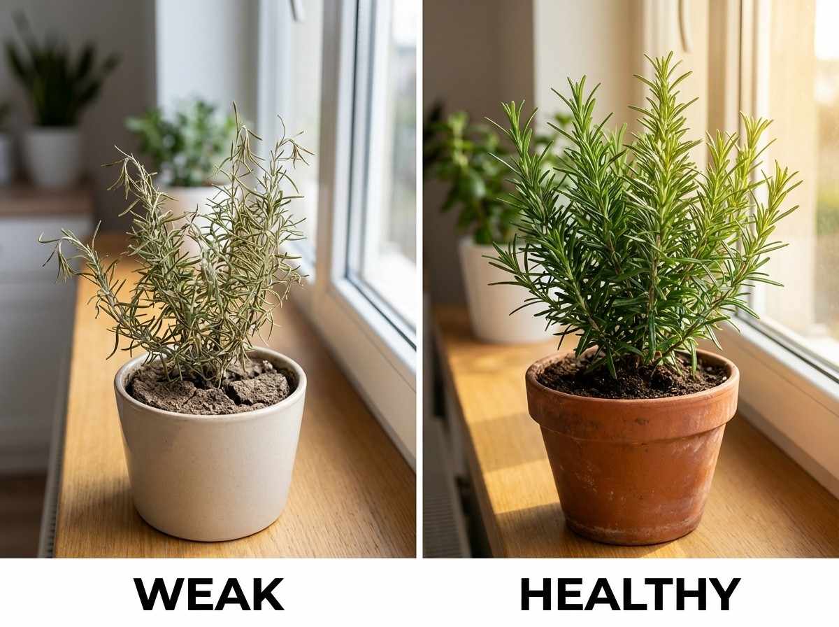 Rosemary not growing indoors comparison showing weak dry plant vs healthy bushy rosemary with proper care and light