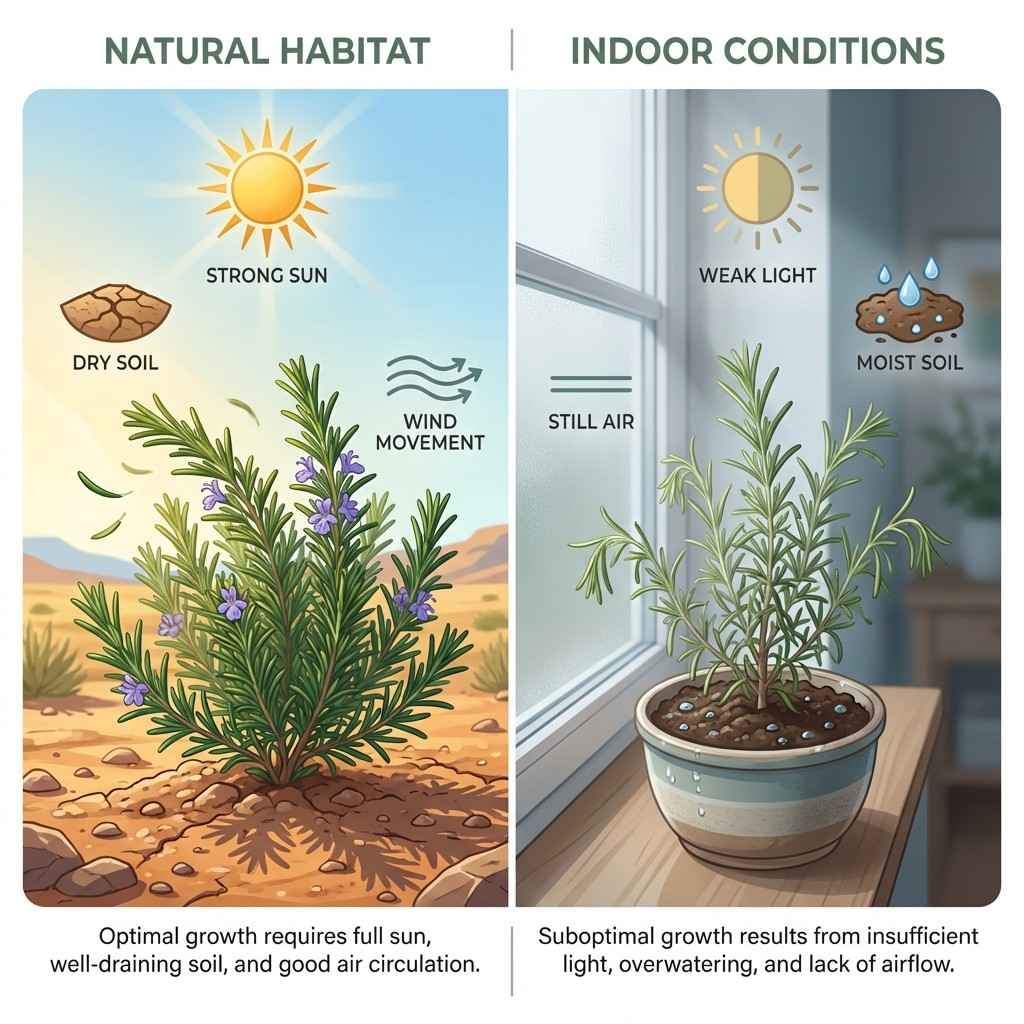Infographic showing why rosemary struggles indoors compared to its natural sunny and dry outdoor environment