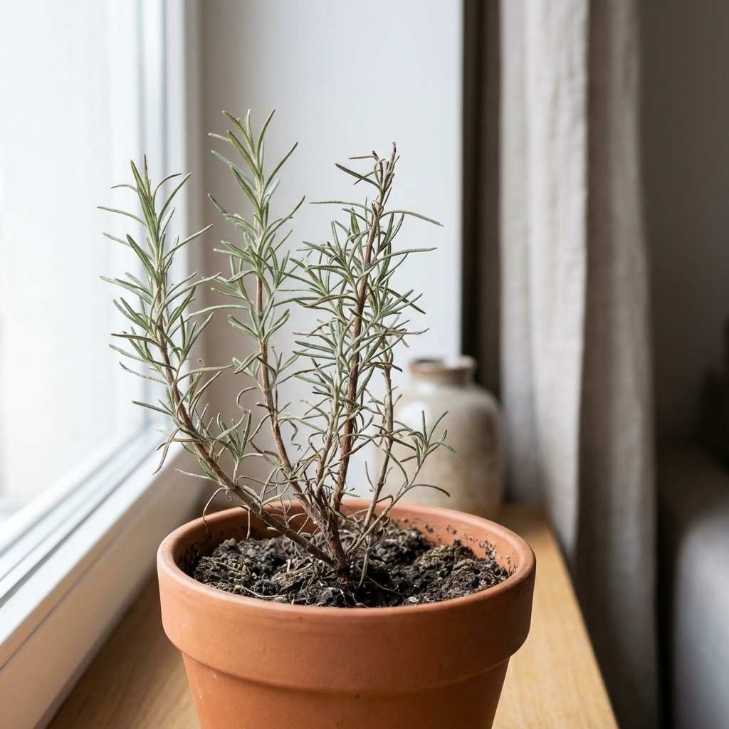 Indoor rosemary plant with no new growth showing thin stems and lack of fresh shoots near window light