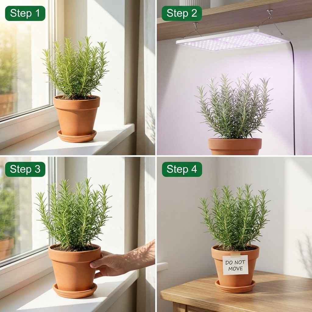 Steps to fix rosemary not growing indoors including bright window placement grow light rotation and stable positioning