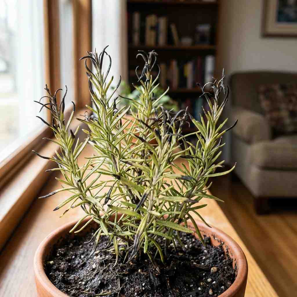 Rosemary plant turning black at tips indoors showing dry dark leaf edges and stressed growth