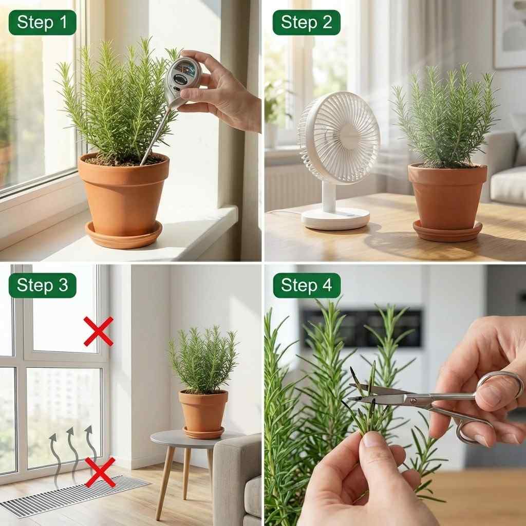 Steps to fix rosemary black tips indoors including proper watering airflow avoiding drafts and trimming damaged leaves