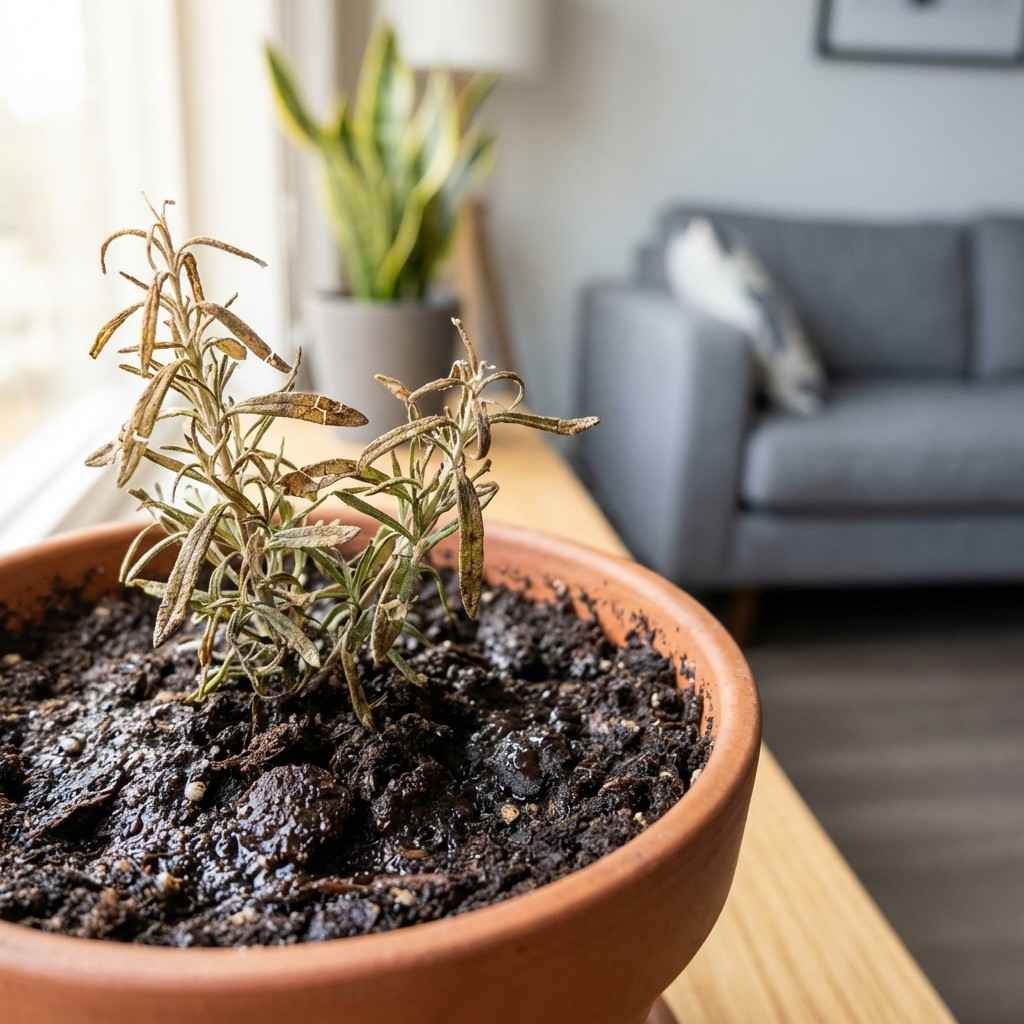 Rosemary leaves crispy but soil moist showing root stress and watering imbalance indoors