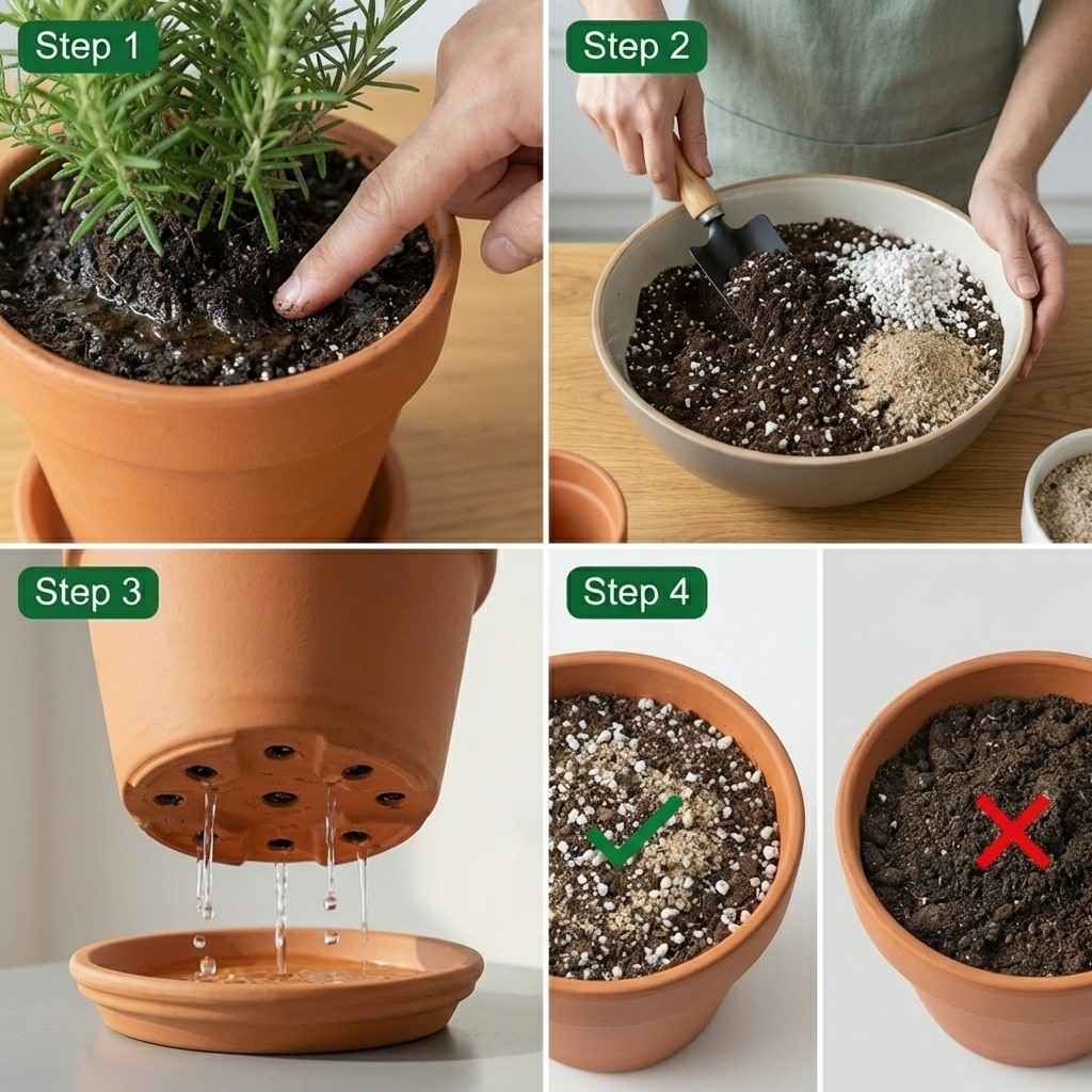 Fix for rosemary crispy leaves with moist soil including proper drying well draining soil and drainage holes
