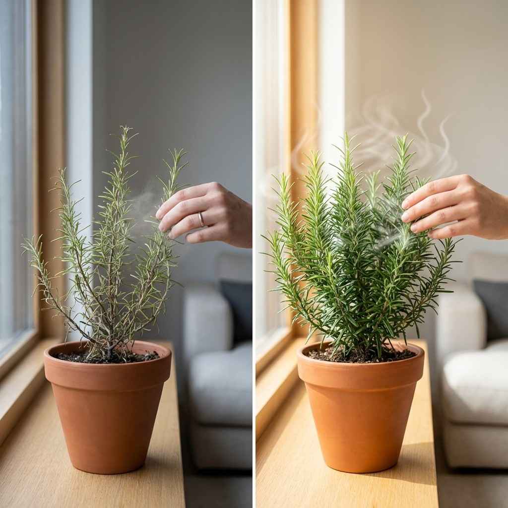 Comparison of weak smelling rosemary vs healthy aromatic rosemary plant in indoor light