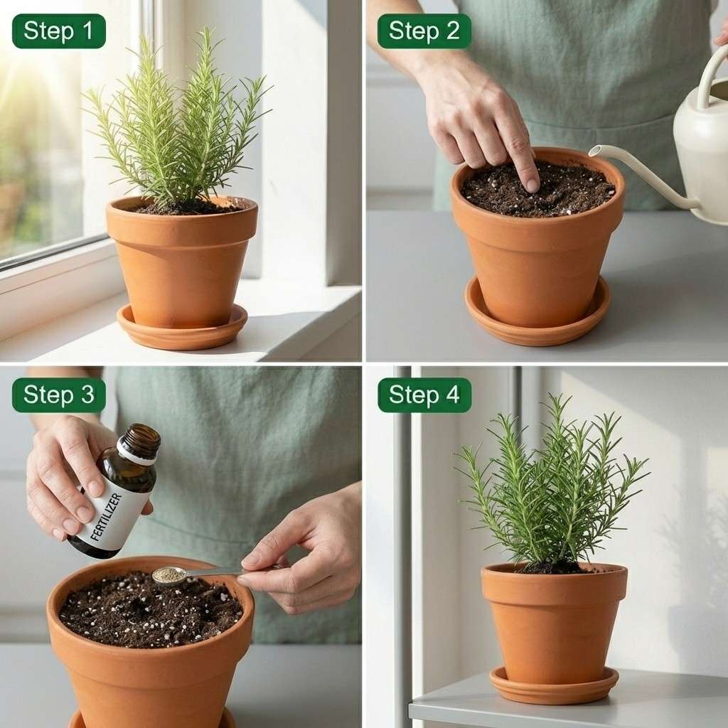 Steps to fix weak rosemary smell indoors by improving light reducing watering limiting fertilizer and keeping stable environment