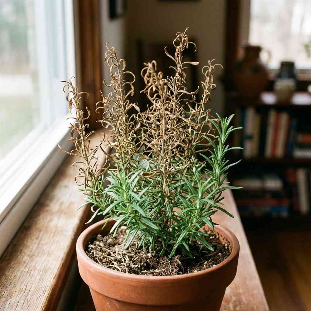 Rosemary plant drying from top down indoors showing brown tips and healthy lower leaves