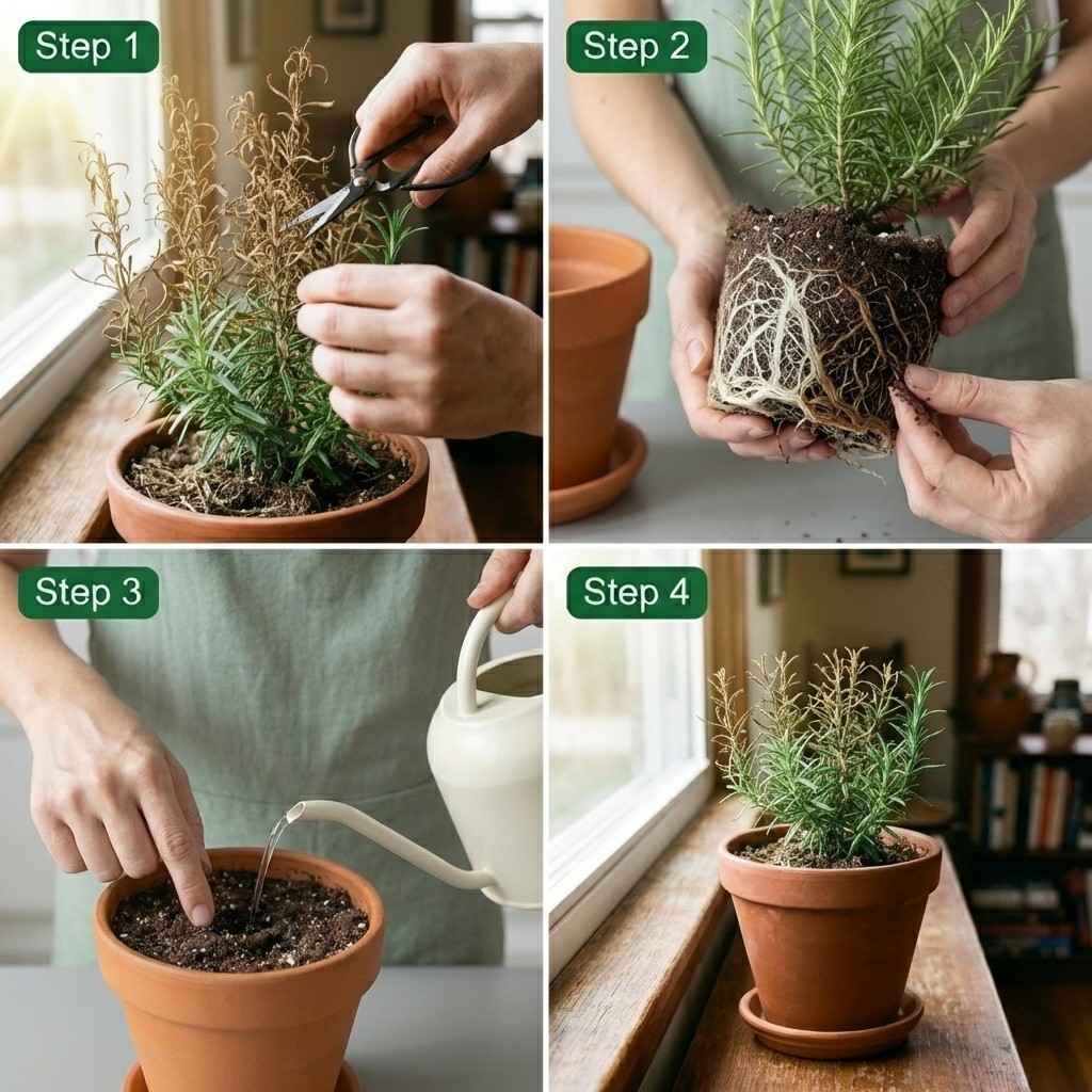 Steps to fix rosemary drying from top down including pruning checking roots proper watering and stable temperature